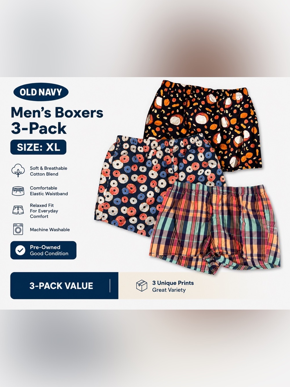 Old Navy Men’s 3-Pack Boxer Briefs - Black, Navy, Multicolor Plaid XL